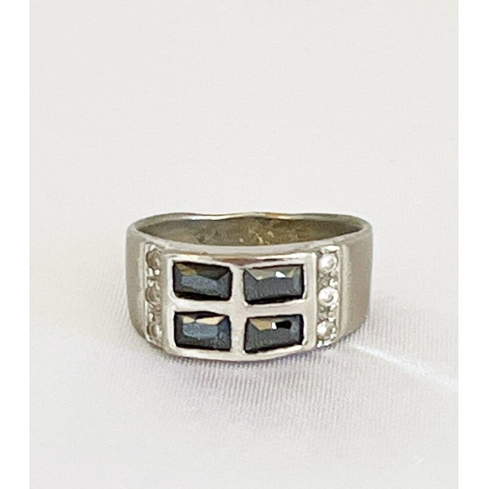 RING Vintage Modernist Art Deco Inspired Sterling Silver & Onyx Band Ring Unisex